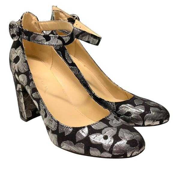 Marc Fisher Black Silver Metallic Block Heels Ankle Strap Flowers Brocade 6 - Picture 1 of 10
